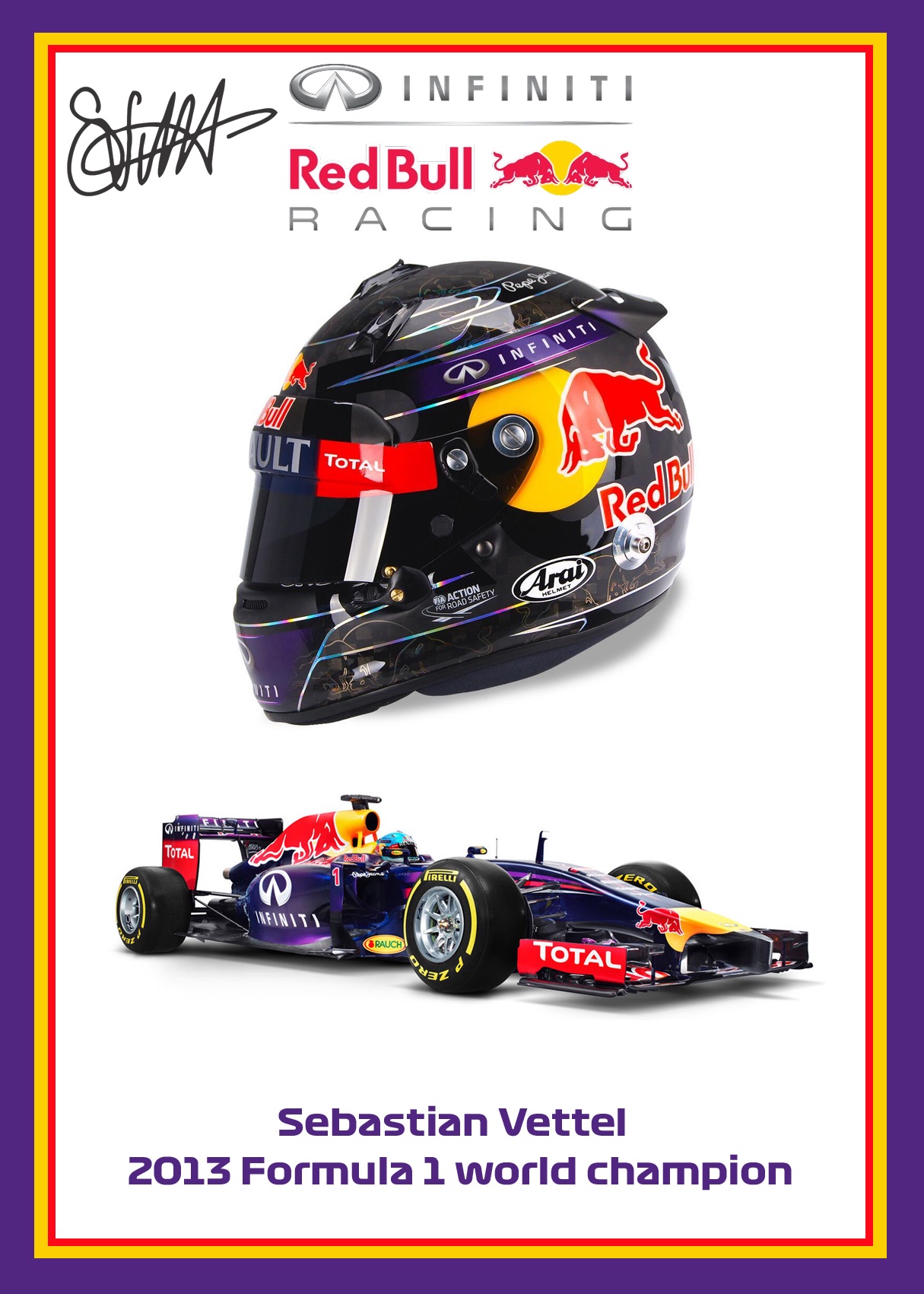 Sebastian Vettel 2013 Signed limited-edition F1 helmet prints – A3 satin finish artworks